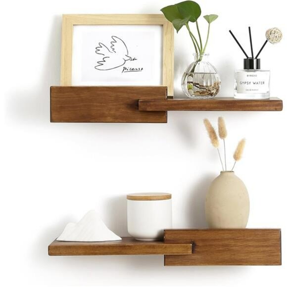 Set of 2 wood floating wall shelves walnut modern reversible shelf home decor - Picture 4 of 8